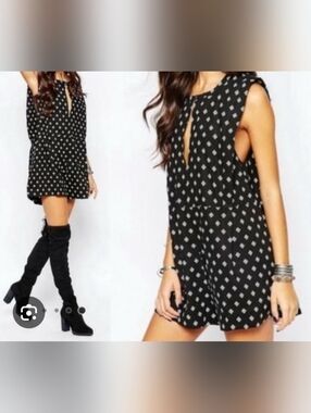 Free People Black Romper with White Geometric Print
